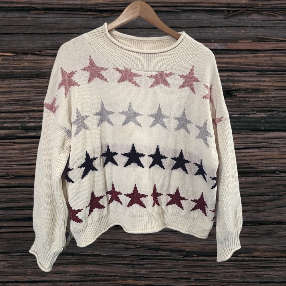 POL Cream and Red Crew Neck Sweater with Star Pattern